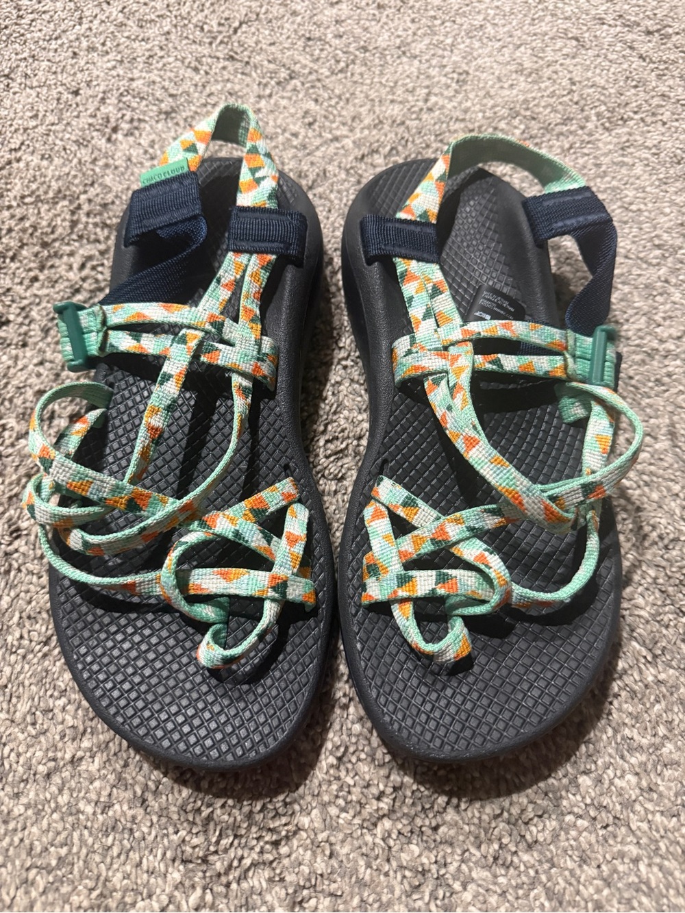 Chaco Women's Black Sandals with Mint and Orange Patterned Straps